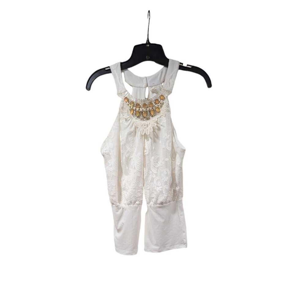 Jacaranda White Floral Neck Embellished Lace Button Back Tank Top Sz M